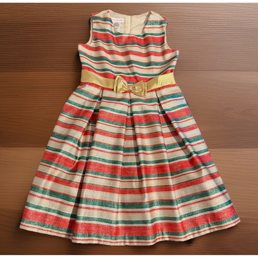 Bonnie Jean Girl's Striped Dress Size 12 Holiday Christmas Metallic Gold Red